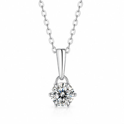 Six-Claws moissanite pendant necklace: round moissanite in six prongs under a slim bail, 925 sterling silver chain