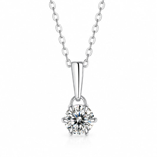 Six-Claws moissanite pendant necklace: round moissanite in six prongs under a slim bail, 925 sterling silver chain
