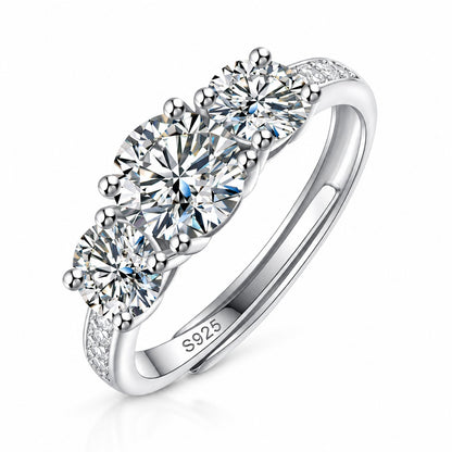 Trio three-stone moissanite ring in 925 sterling silver, adjustable band
