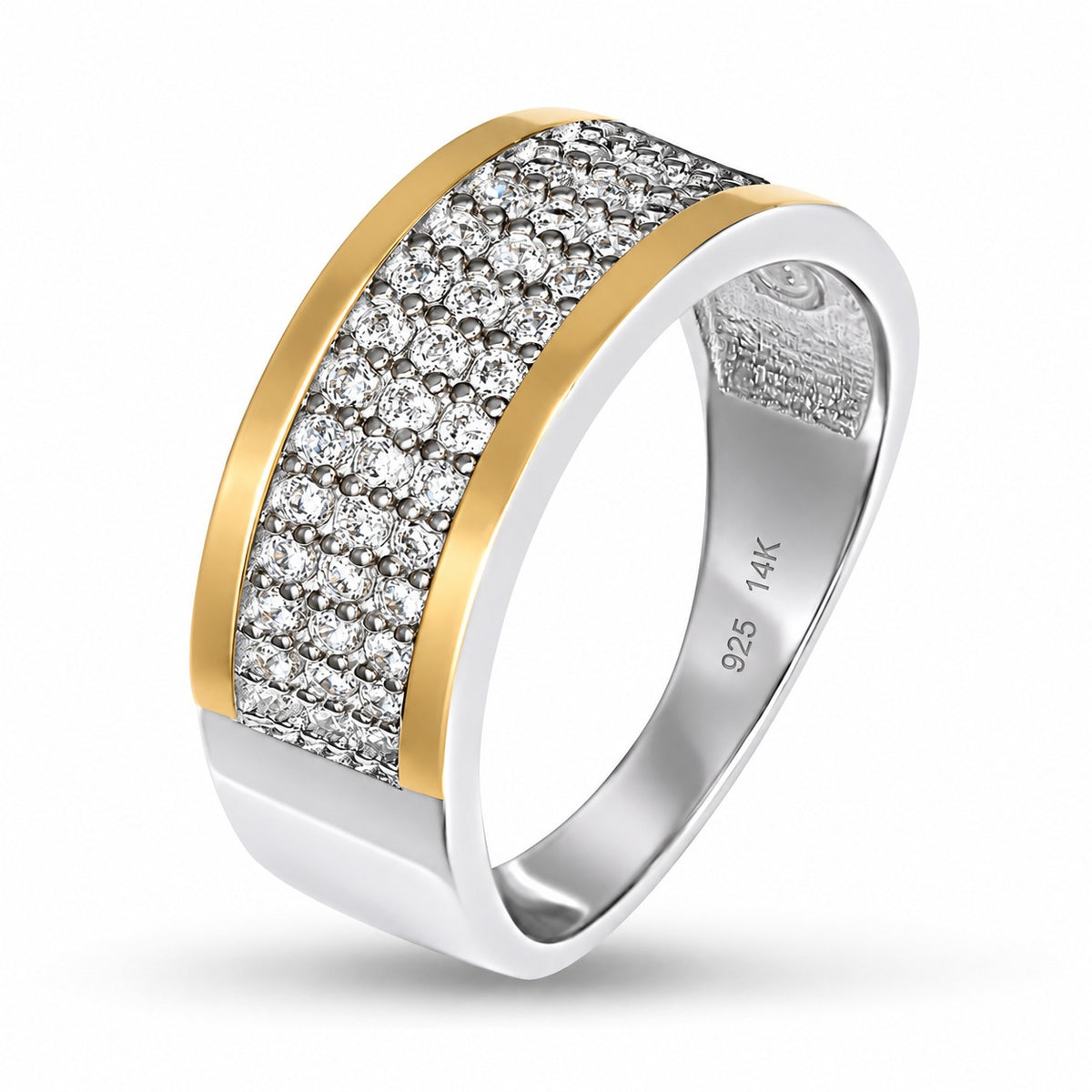 White Panel Band ring: 925 sterling silver with 14K gold bonded edge rails and a panel of cubic zirconia