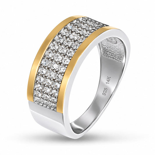 White Panel Band ring: 925 sterling silver with 14K gold bonded edge rails and a panel of cubic zirconia