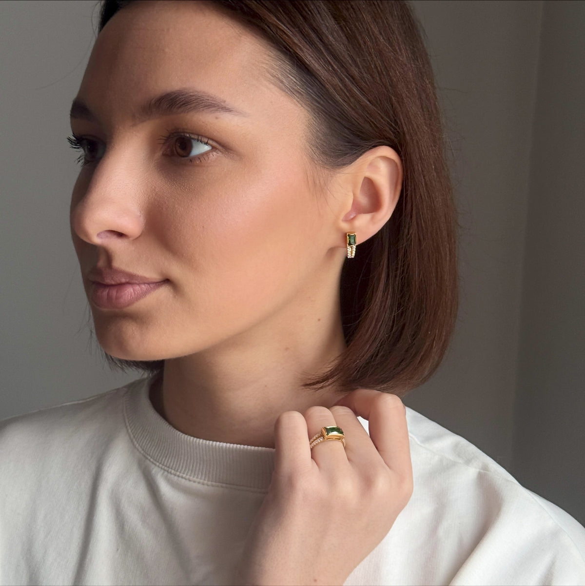 14K Gold Plated Huggie Earrings Garnet Baguette Pave, sterling silver, view 3