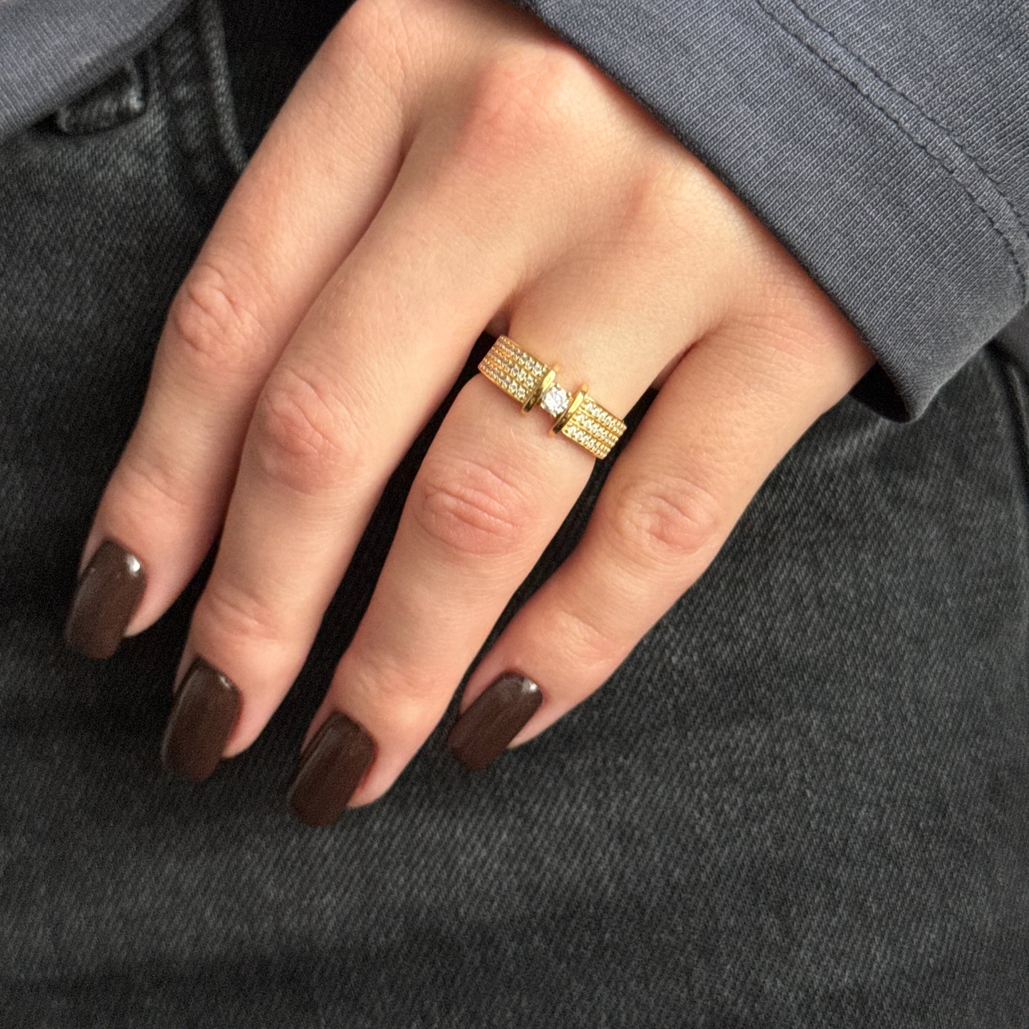Golden Floating Solitaire worn on model