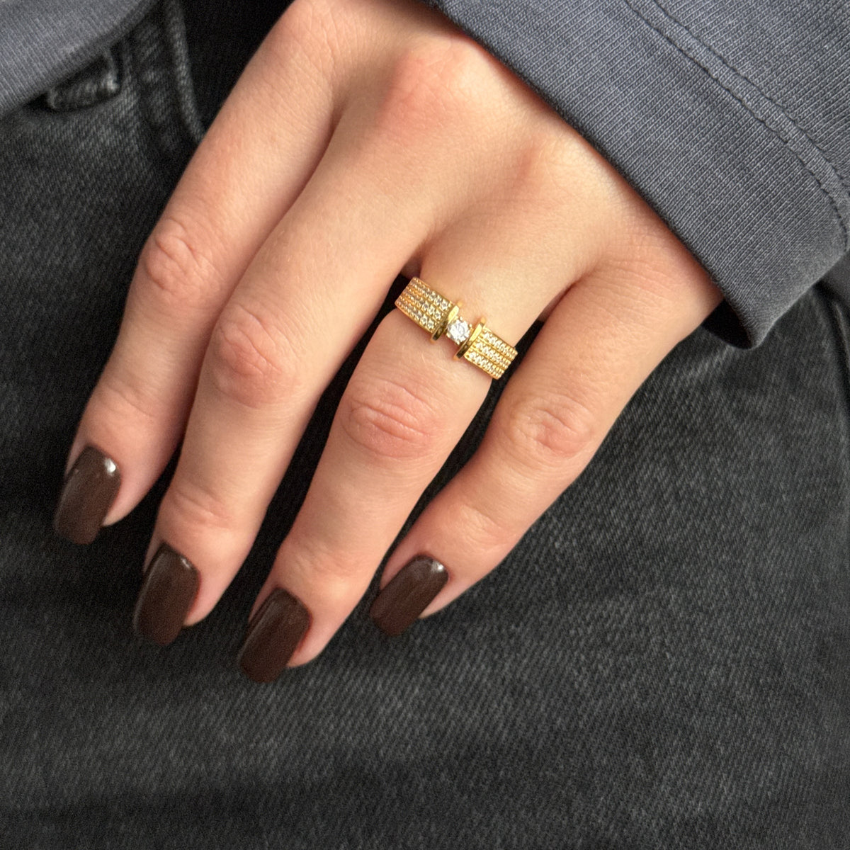 Golden Floating Solitaire worn on model