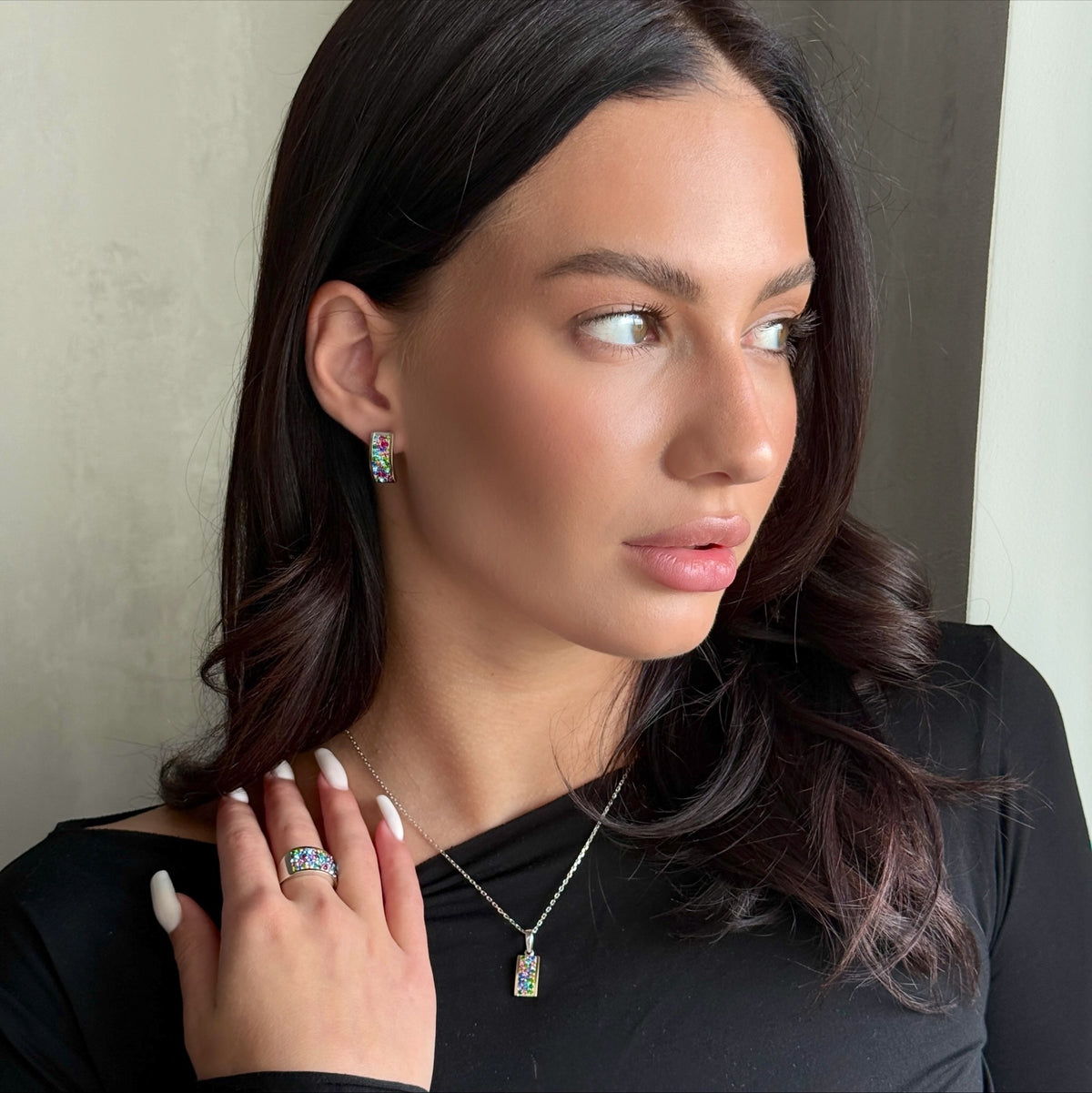 Confetti Tag worn on model