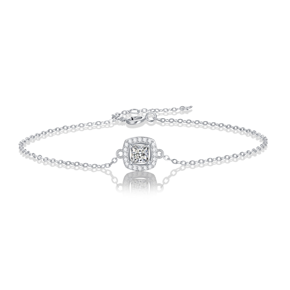 Elegant moissanite bracelet featuring luminous square-cut stones set in a sleek silver-toned metal, designed for a refined and timeless look.