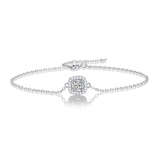 Elegant moissanite bracelet featuring luminous square-cut stones set in a sleek silver-toned metal, designed for a refined and timeless look.
