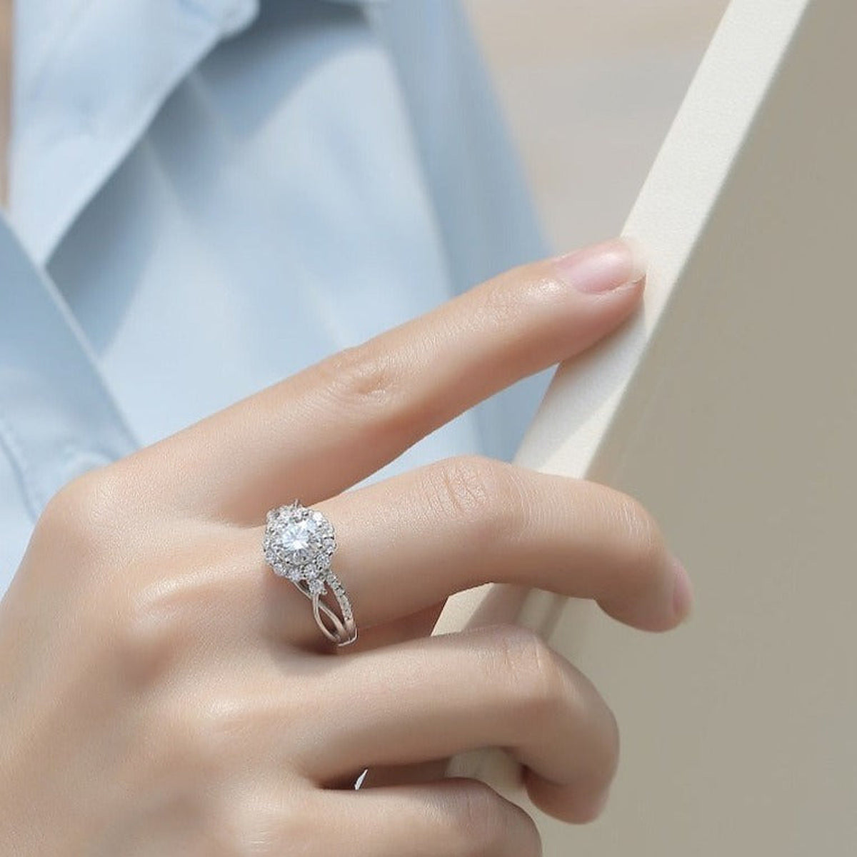 Moissanite Engagement Ring Together, sterling silver, view 2