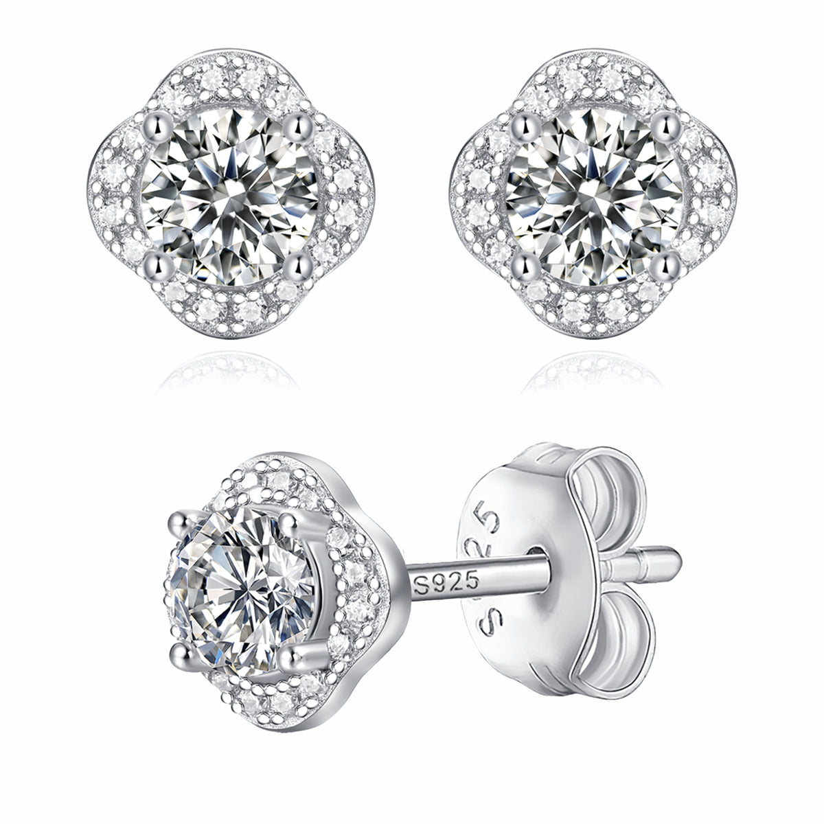 Moissanite stud earrings with a bloom-inspired design, featuring intricately arranged sparkling stones set in a polished metal frame for a delicate and elegant look.