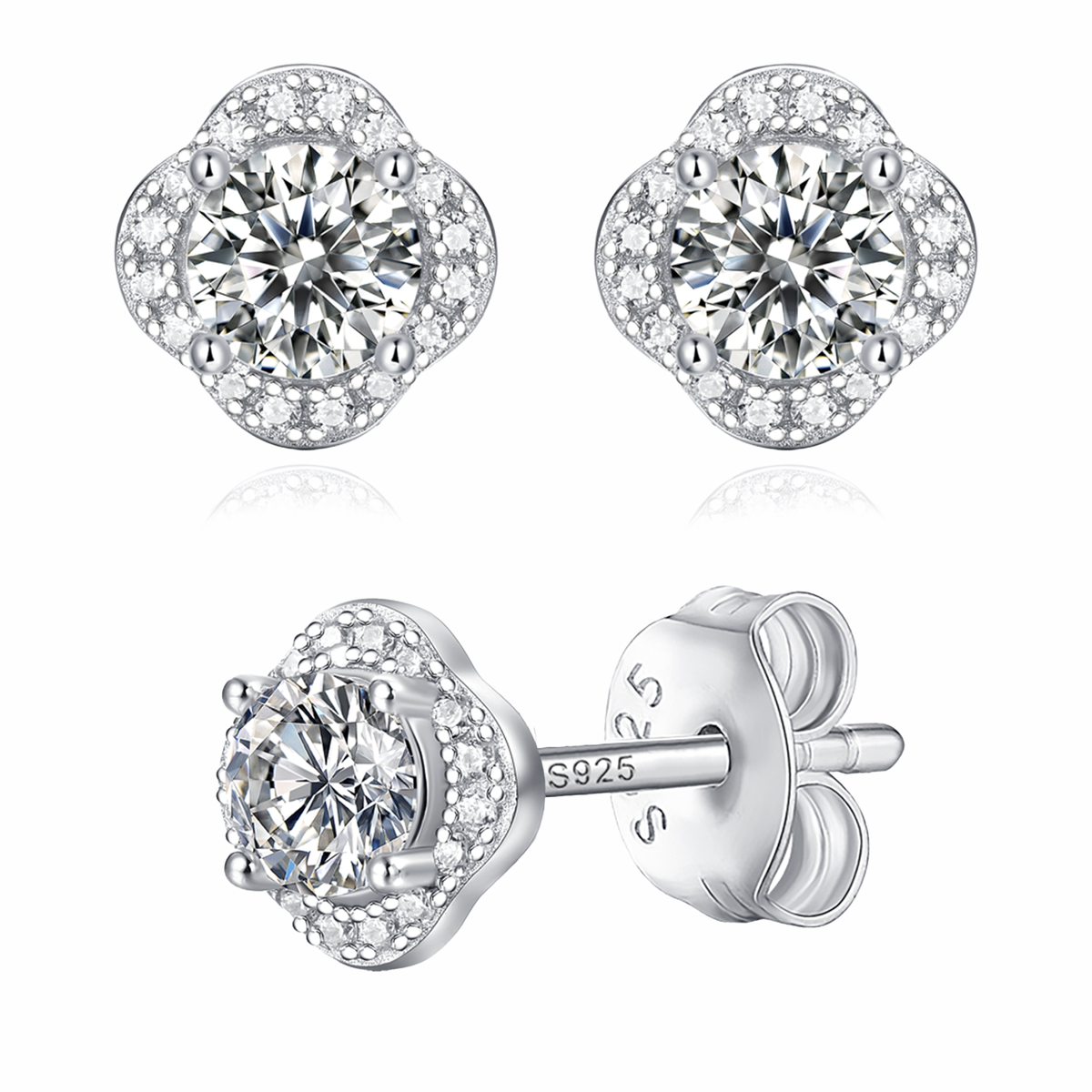 Moissanite stud earrings with a bloom-inspired design, featuring intricately arranged sparkling stones set in a polished metal frame for a delicate and elegant look.