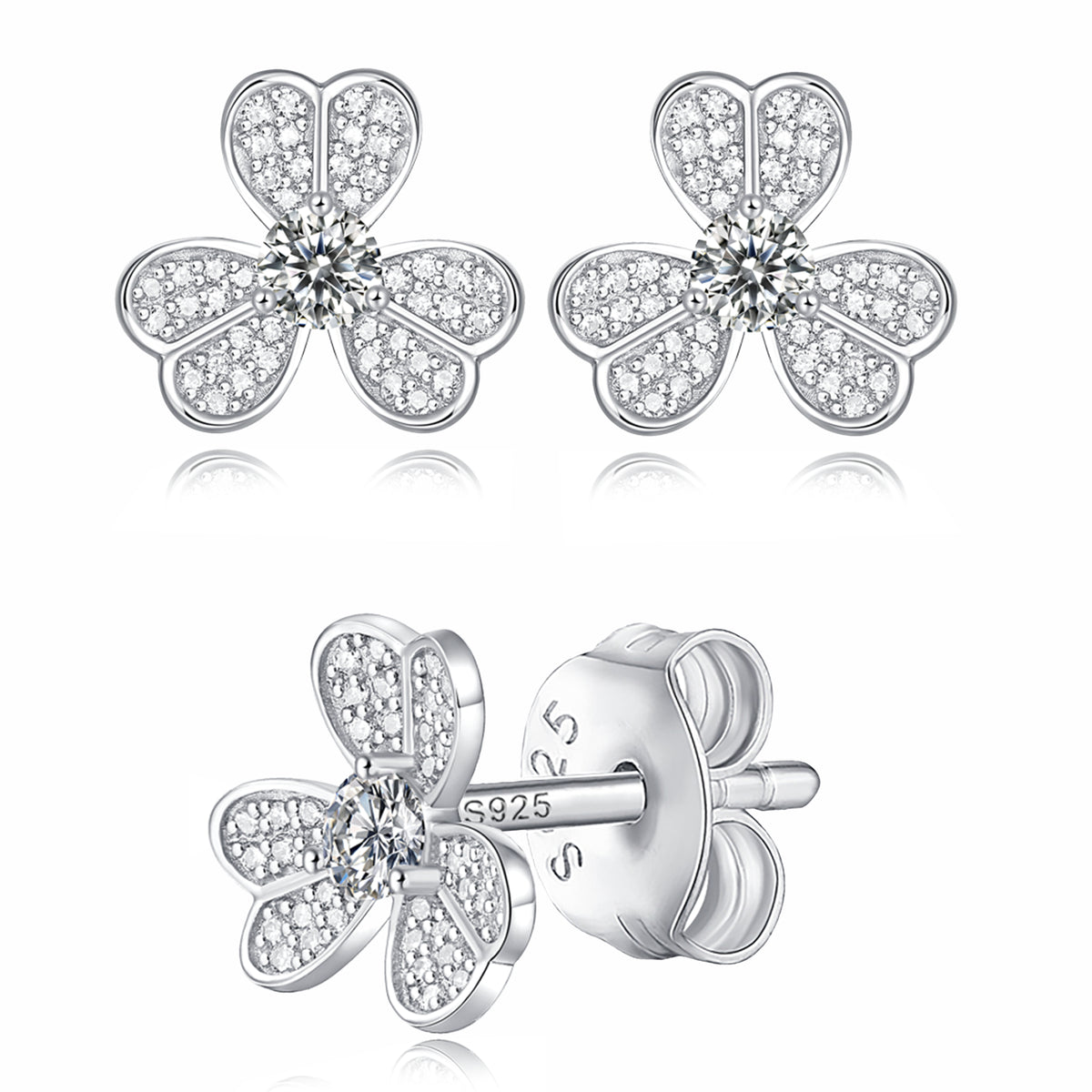Moissanite stud earrings with a clover-inspired design, featuring sparkling stones arranged in a four-leaf pattern set in a polished metal frame for a timeless and elegant look.