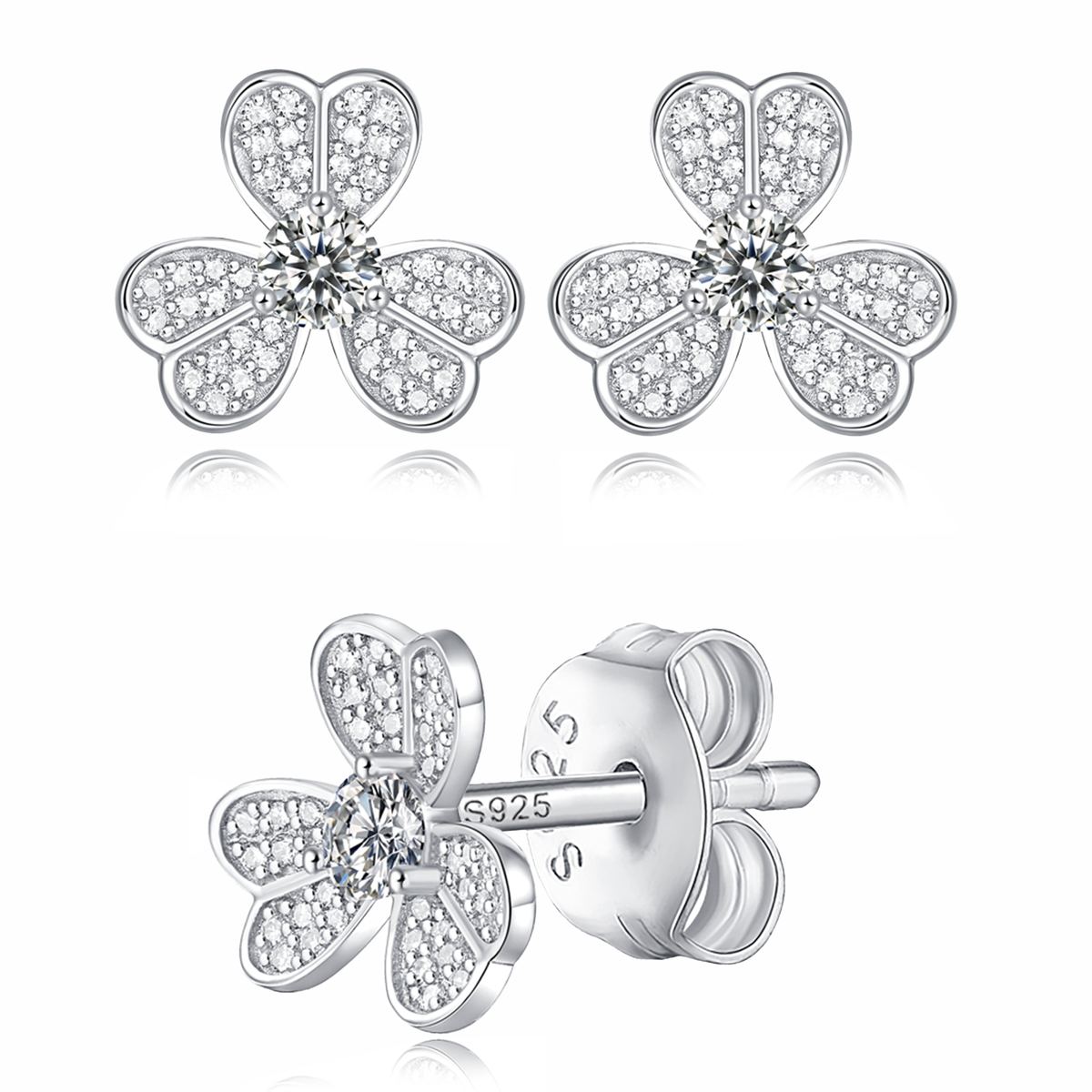 Moissanite stud earrings with a clover-inspired design, featuring sparkling stones arranged in a four-leaf pattern set in a polished metal frame for a timeless and elegant look.