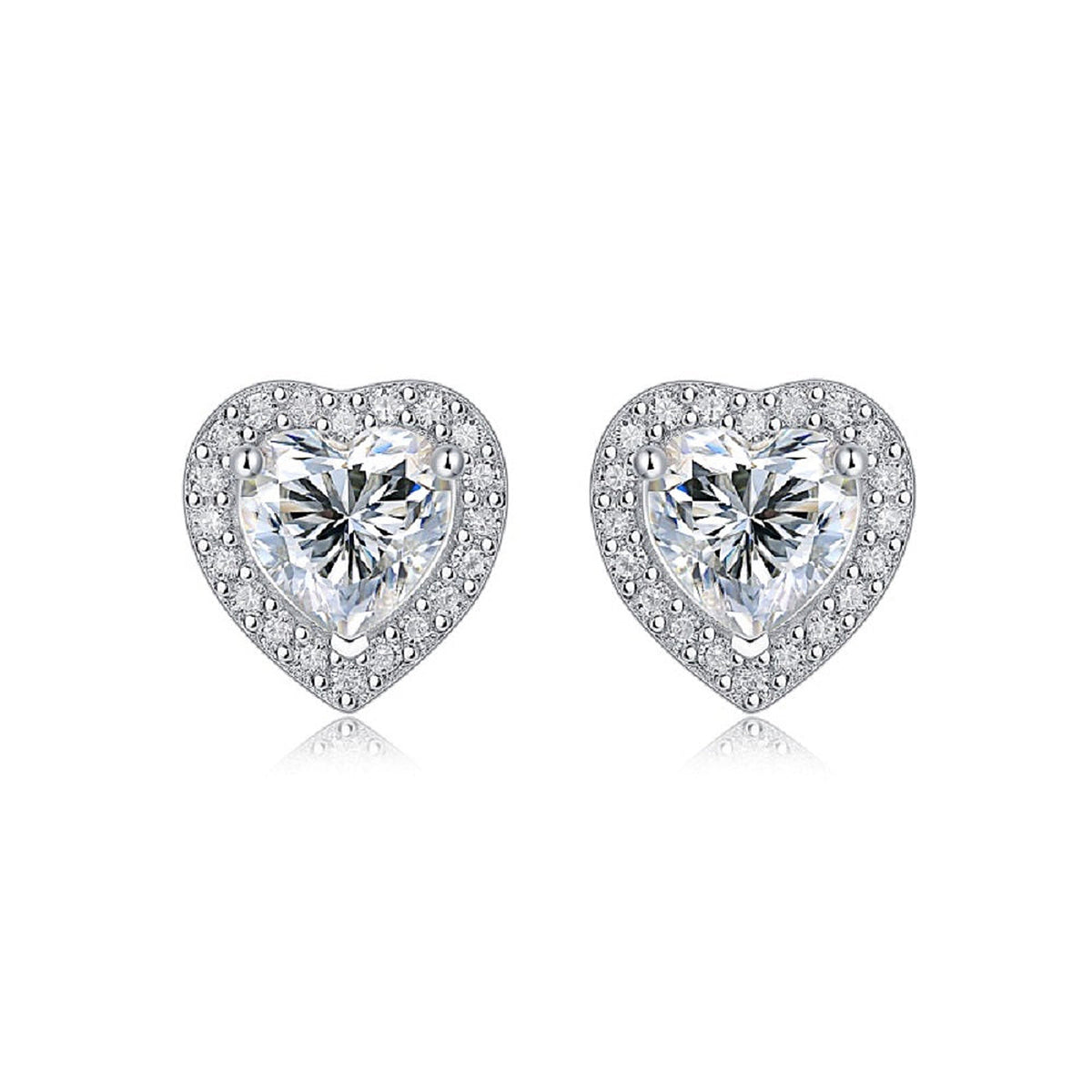Moissanite stud earrings with a heartfelt design, featuring sparkling heart-shaped stones set in a polished metal frame for a timeless and elegant touch.