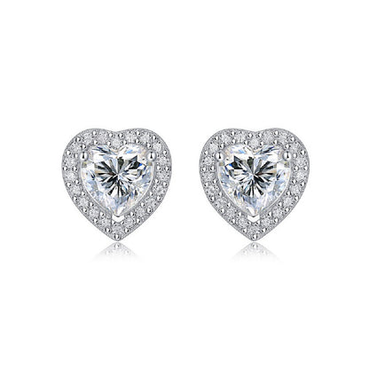 Moissanite stud earrings with a heartfelt design, featuring sparkling heart-shaped stones set in a polished metal frame for a timeless and elegant touch.