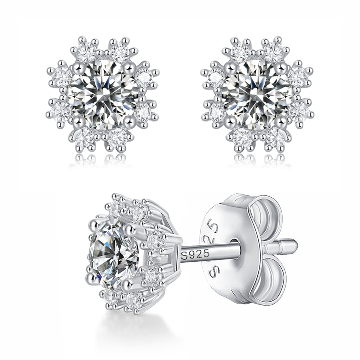 Moissanite stud earrings with a romantic snowflake design, featuring intricately arranged sparkling stones set in a polished metal frame for a delicate and winter-inspired look.