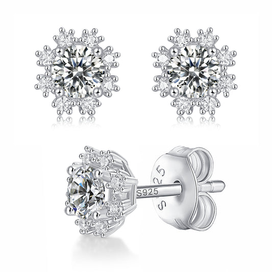 Moissanite stud earrings with a romantic snowflake design, featuring intricately arranged sparkling stones set in a polished metal frame for a delicate and winter-inspired look.