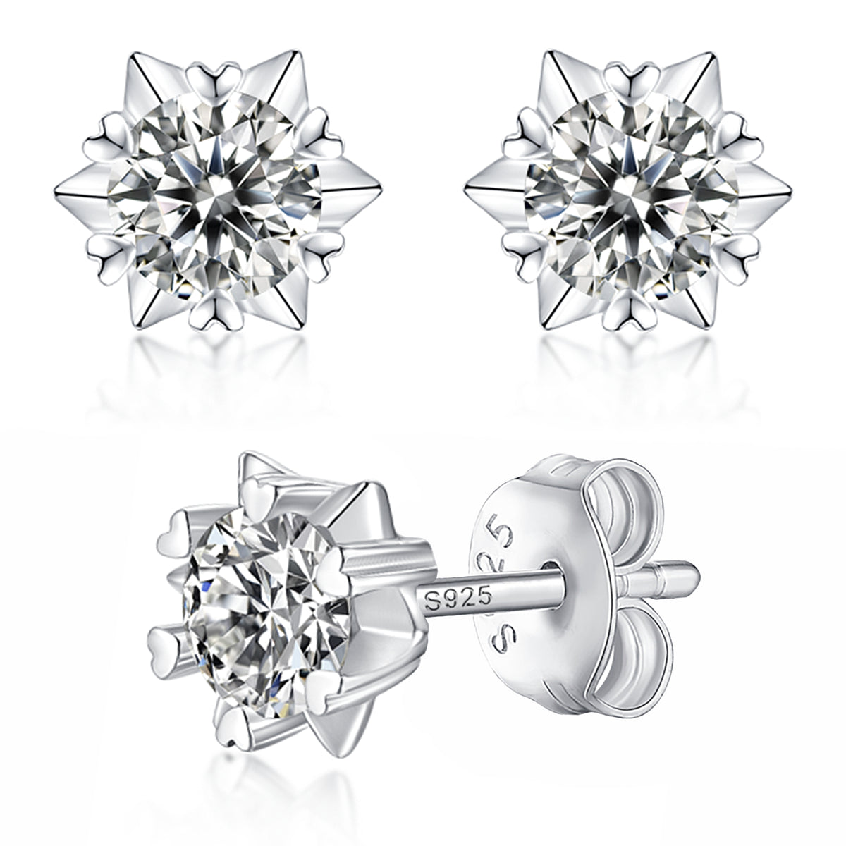 Moissanite stud earrings with a starburst design, featuring radiant stones arranged in a striking pattern set in a polished metal frame for a bold and elegant look.