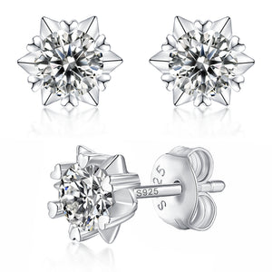 Moissanite stud earrings with a starburst design, featuring radiant stones arranged in a striking pattern set in a polished metal frame for a bold and elegant look.