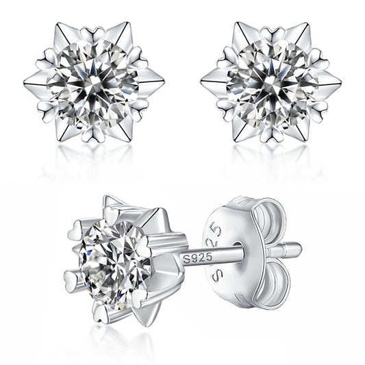 Moissanite stud earrings with a starburst design, featuring radiant stones arranged in a striking pattern set in a polished metal frame for a bold and elegant look.