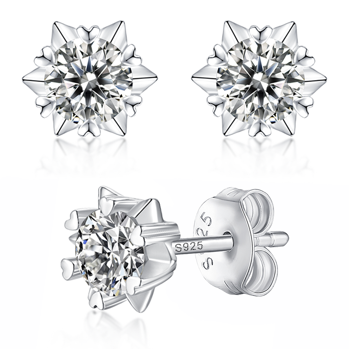 Moissanite stud earrings with a starburst design, featuring radiant stones arranged in a striking pattern set in a polished metal frame for a bold and elegant look.