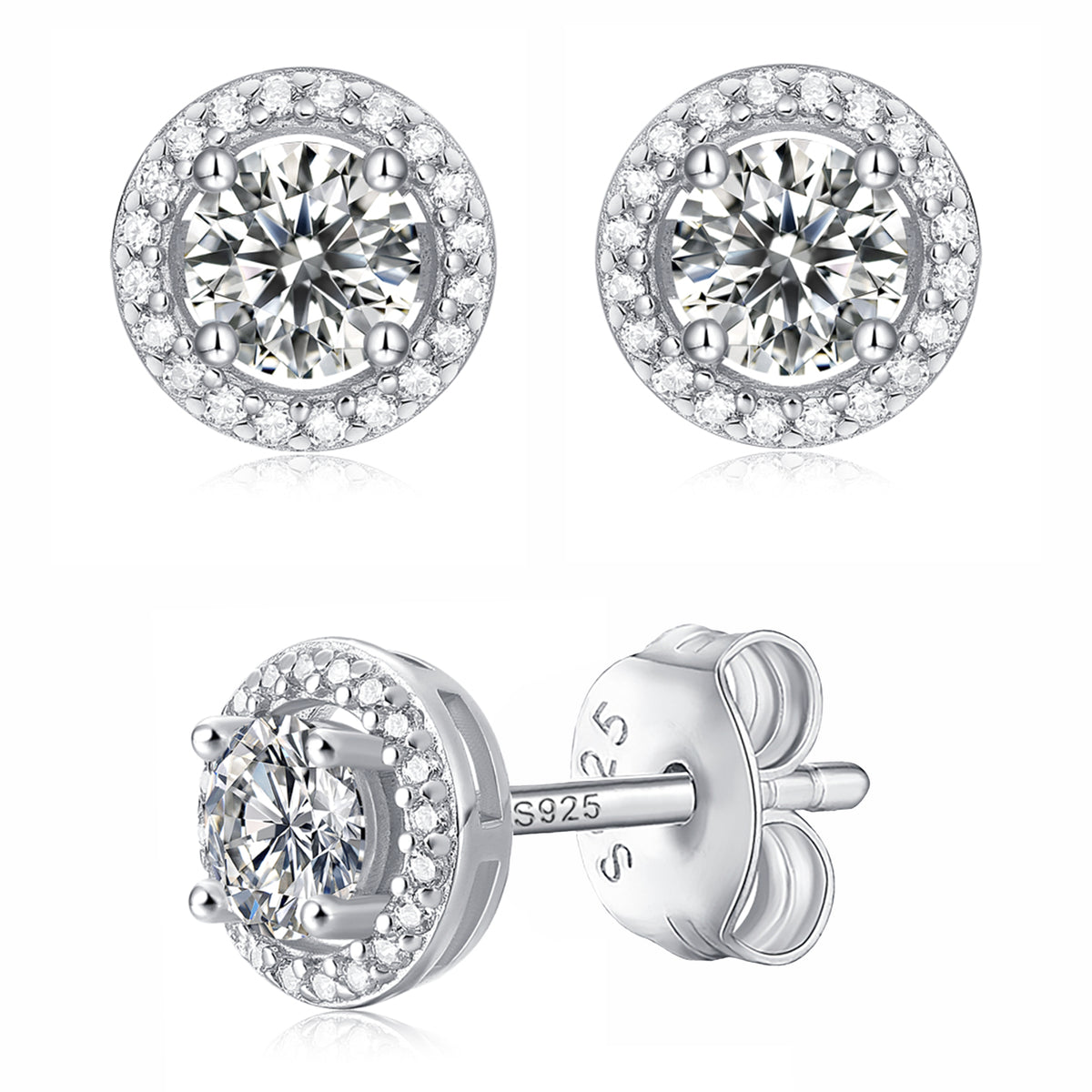 Moissanite stud earrings with a tale-inspired design, featuring radiant stones set in a refined metal frame for a classic and elegant look.