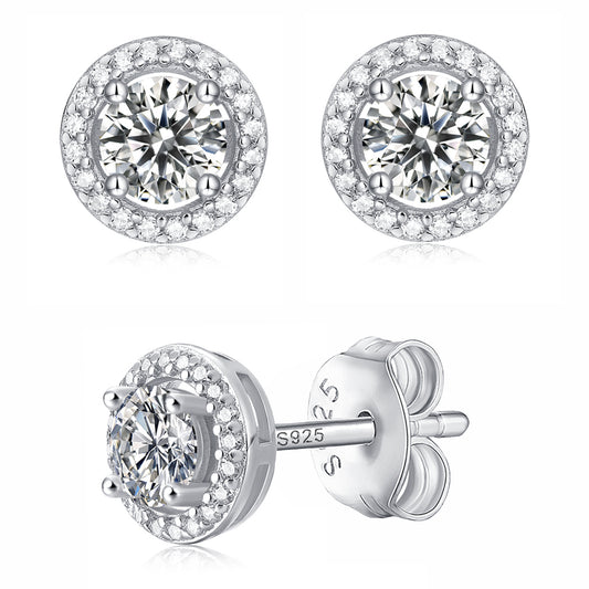 Moissanite stud earrings with a tale-inspired design, featuring radiant stones set in a refined metal frame for a classic and elegant look.
