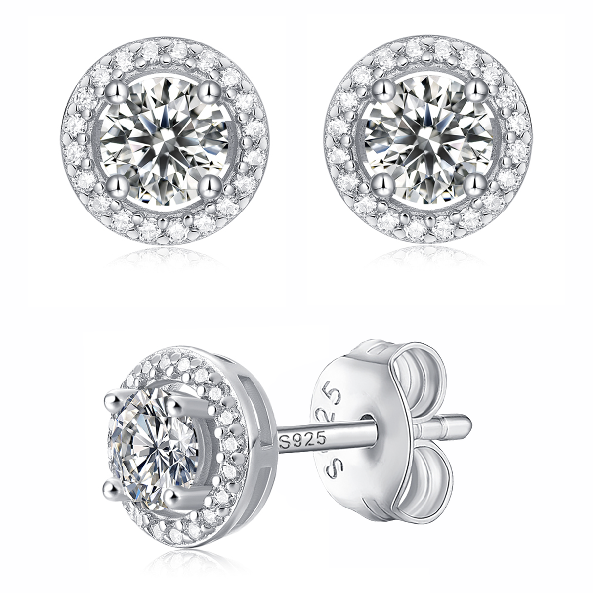 Moissanite stud earrings with a tale-inspired design, featuring radiant stones set in a refined metal frame for a classic and elegant look.