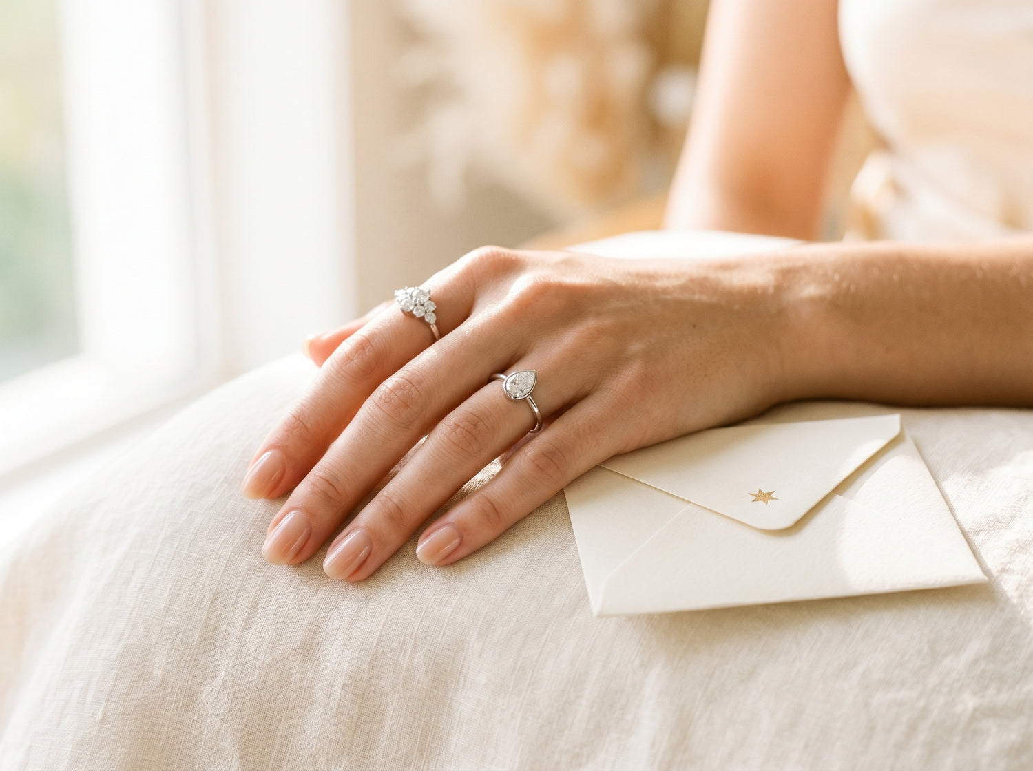 Woman's hand with sterling silver moissanite rings next to cream envelope with gold star
