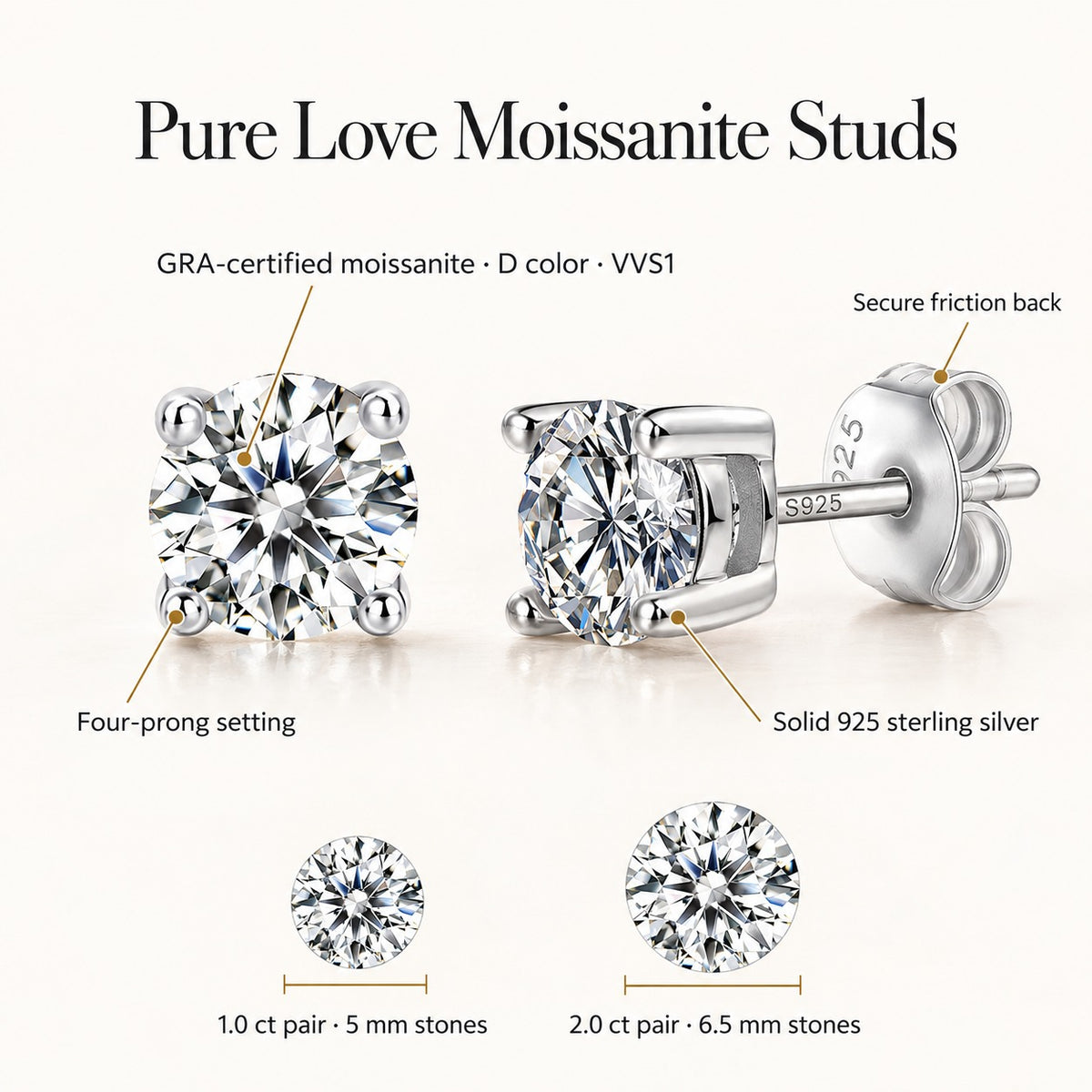 Pure Love moissanite stud earrings: GRA-certified D color VVS1 moissanite, four-prong 925 sterling silver setting, friction back; 1.0 ct pair 5 mm stones, 2.0 ct pair 6.5 mm stones
