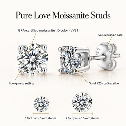 Pure Love moissanite stud earrings: GRA-certified D color VVS1 moissanite, four-prong 925 sterling silver setting, friction back; 1.0 ct pair 5 mm stones, 2.0 ct pair 6.5 mm stones