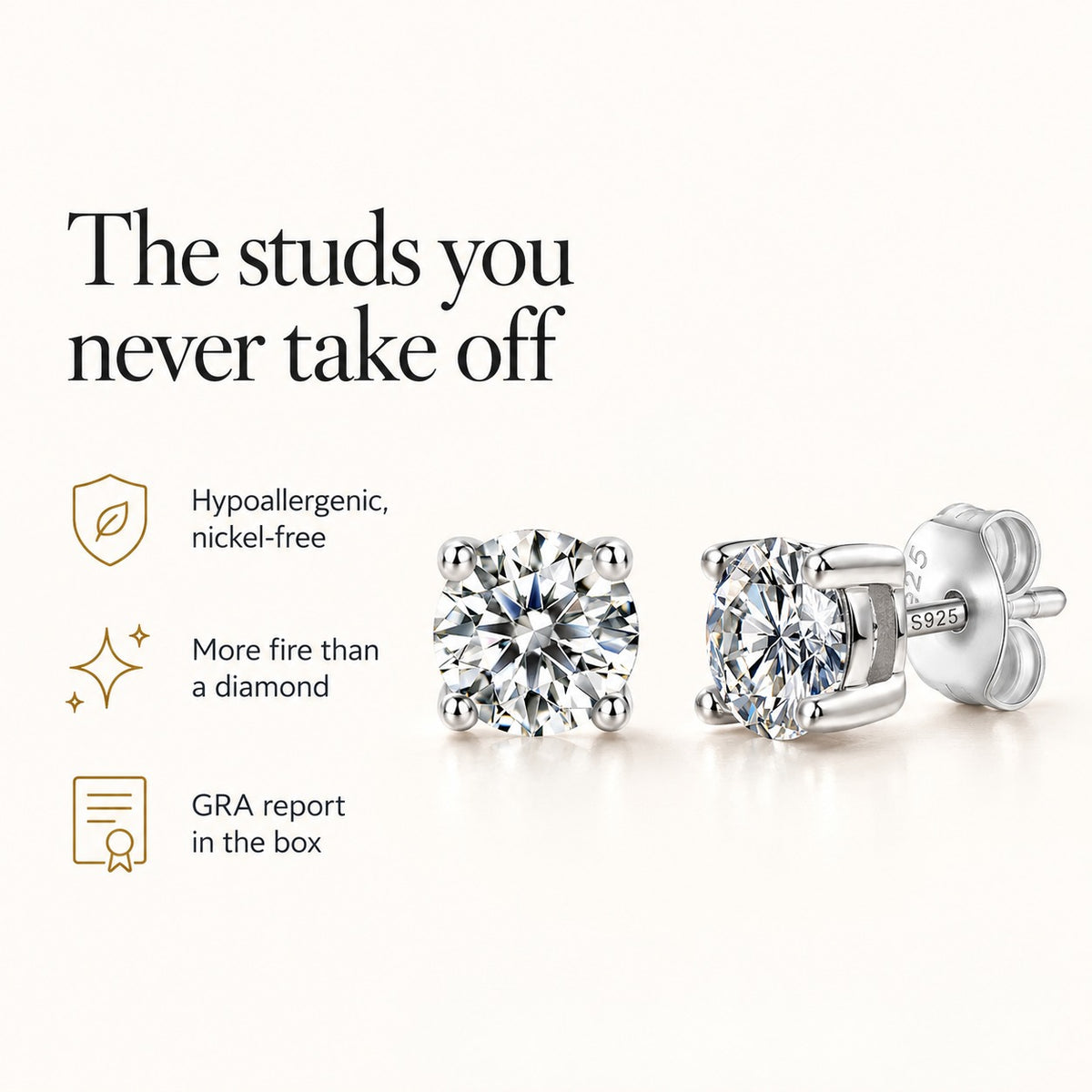 Pure Love moissanite studs: hypoallergenic nickel-free, more fire than a diamond, GRA report in the box