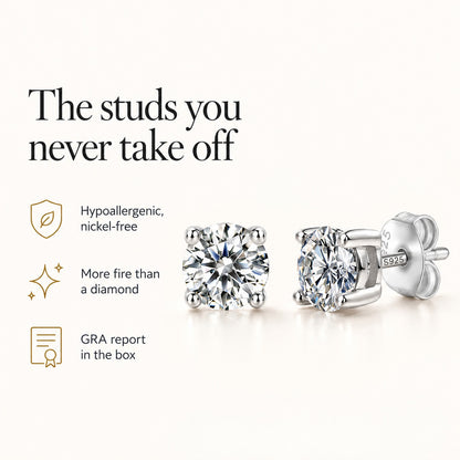 Pure Love moissanite studs: hypoallergenic nickel-free, more fire than a diamond, GRA report in the box