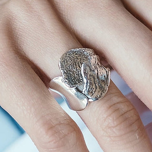Sterling Silver Ring, sculpted petal heart, worn on hand