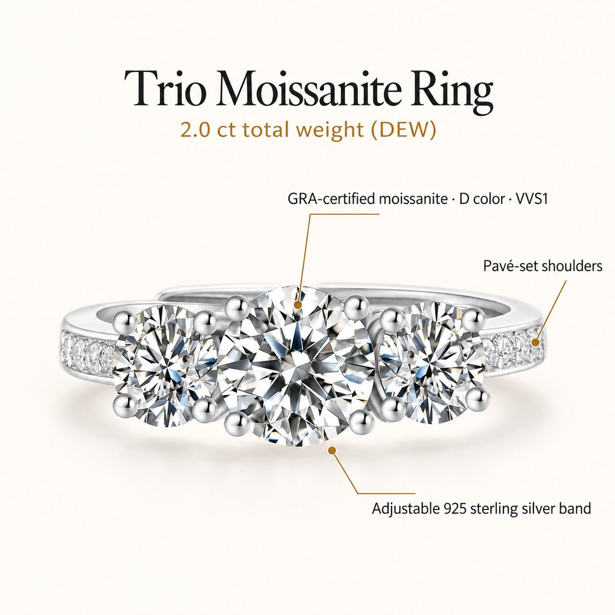 Trio moissanite ring, 2.0 ct total weight (DEW): GRA-certified D color VVS1 moissanite, pave-set shoulders, adjustable 925 sterling silver band