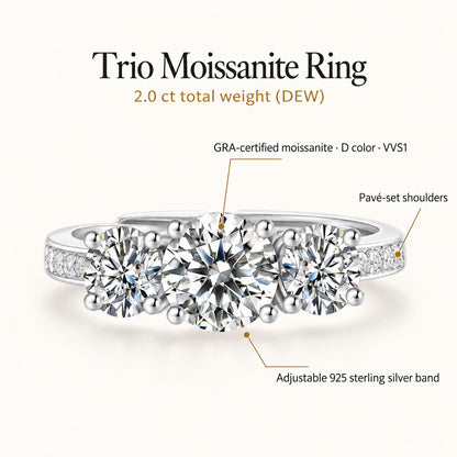 Trio moissanite ring, 2.0 ct total weight (DEW): GRA-certified D color VVS1 moissanite, pave-set shoulders, adjustable 925 sterling silver band