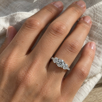 Trio three-stone moissanite ring worn on the hand, true-to-size