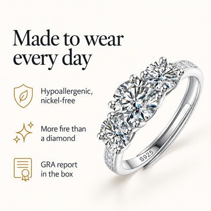Trio moissanite ring: hypoallergenic nickel-free, more fire than a diamond, GRA report in the box