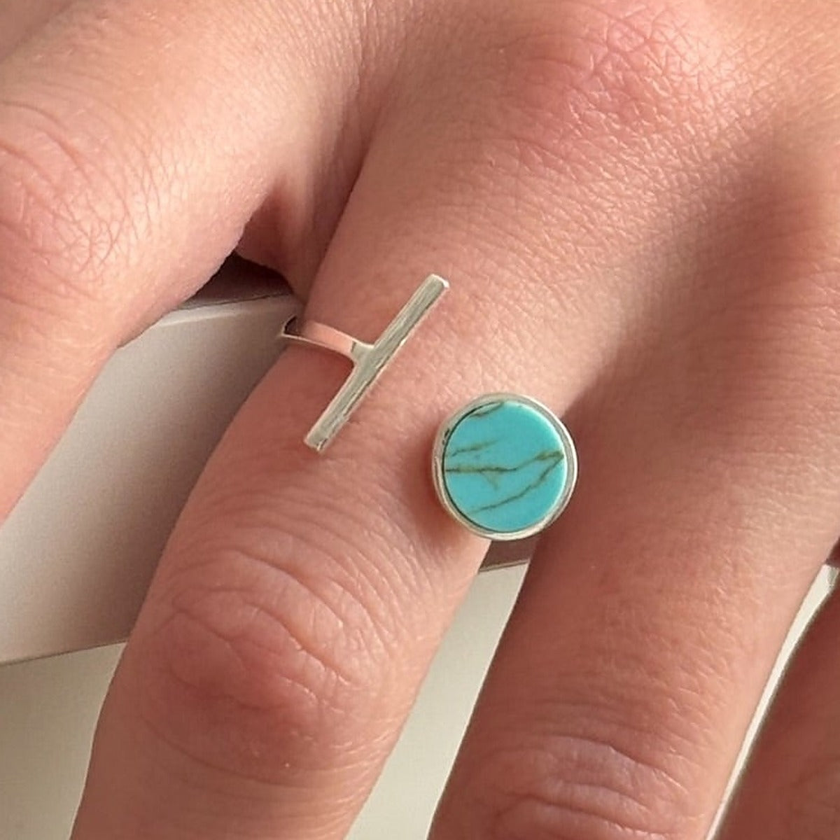 Turquoise Ring Minimalist, sterling silver, worn on hand