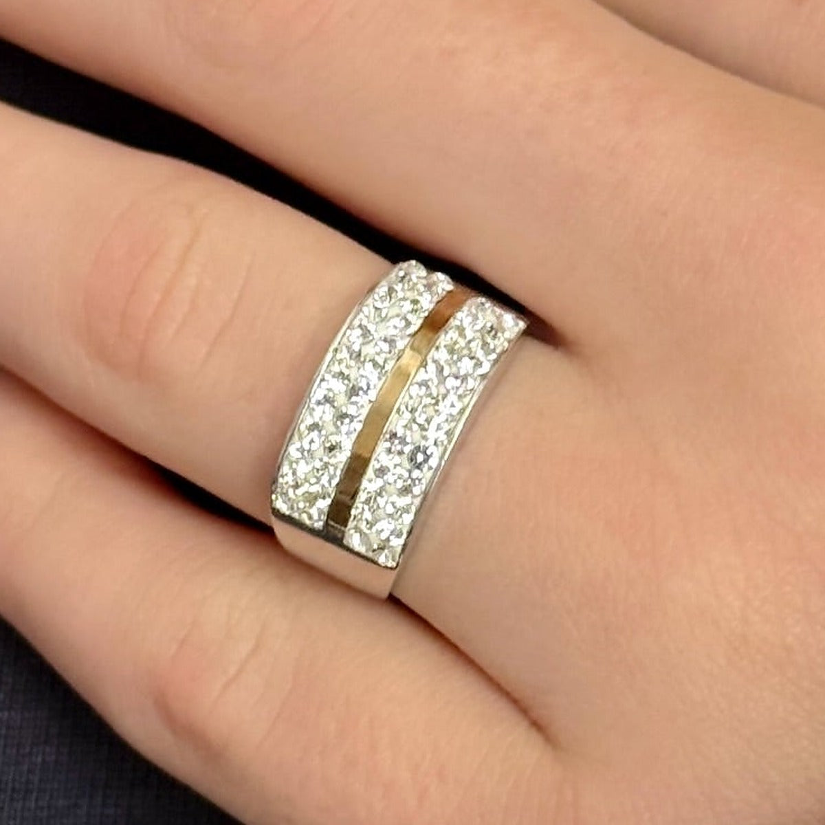 14K Gold Bonded Ring Crystal Stripe Band, sterling silver, worn on hand