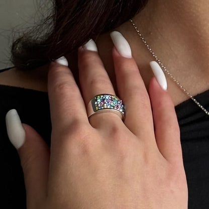 14K Gold Bonded Ring Confetti Band, sterling silver, worn on hand