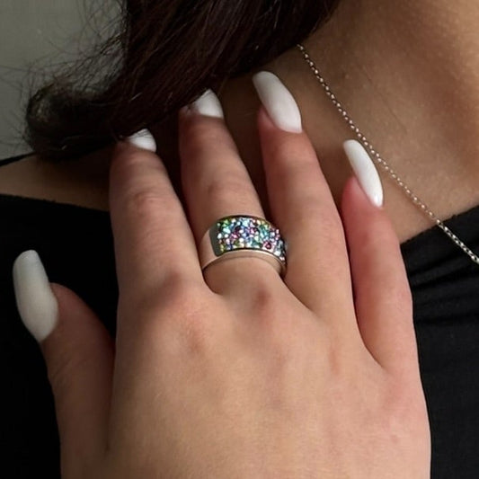 14K Gold Bonded Ring Confetti Band, sterling silver, worn on hand