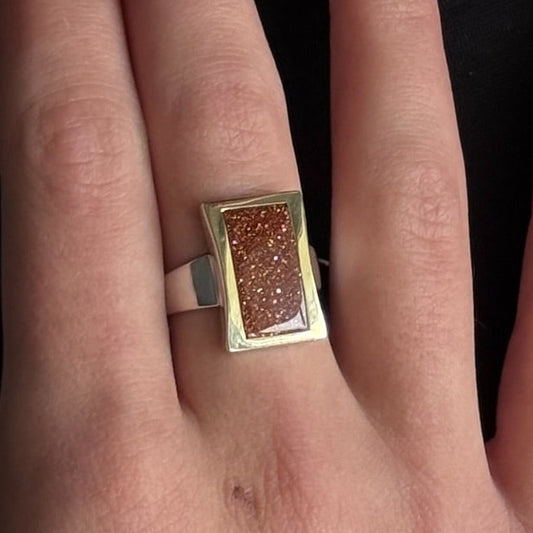 14K Gold Bonded Ring Goldstone Tilt Plate, sterling silver, worn on hand