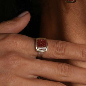 14K Gold Bonded Ring Goldstone Cushion Signet, sterling silver, worn on hand