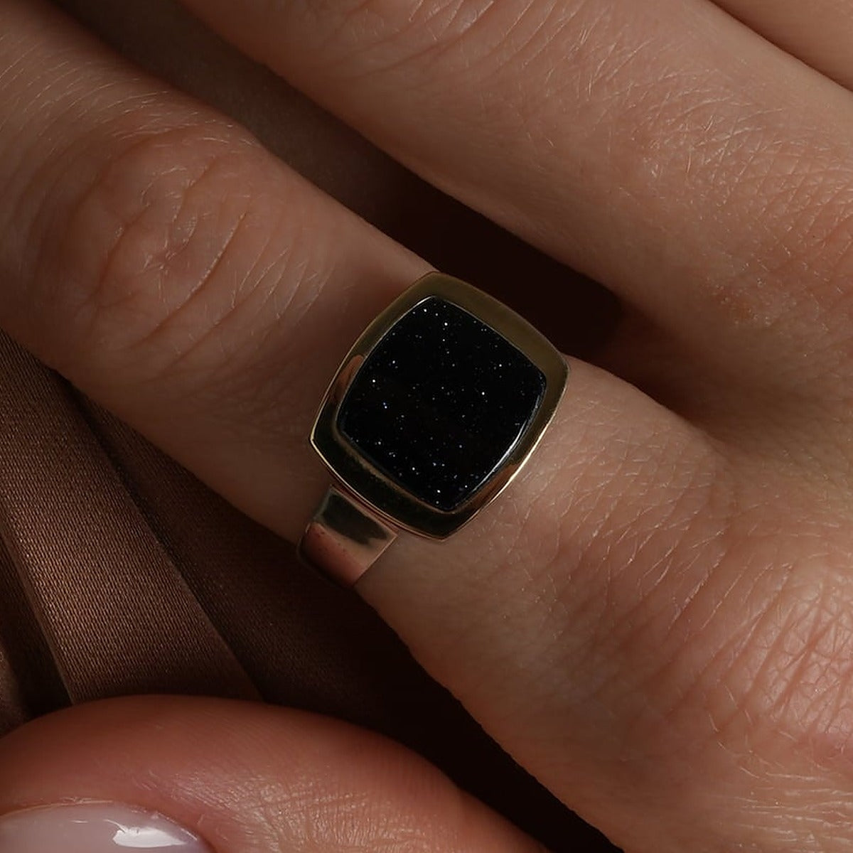 14K Gold Bonded Ring Starry Night Signet, sterling silver, worn on hand